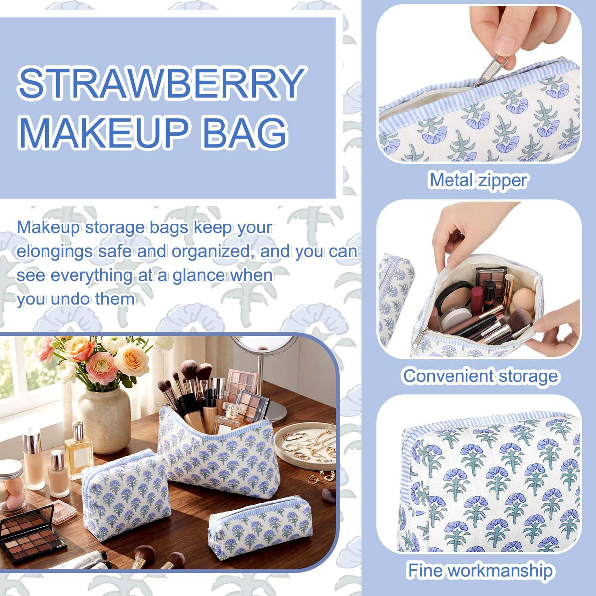 Meanplan 3 Pcs Blue Block Print Quilted Makeup Bag for Women Last Toast on The Coast Quilted Cosmetic Bag Bachelorette Favors Cornflower Coquette Floral Toiletry Pouch Travel Organizer - thewildfolk Meanplan 3 Pcs Blue Block Print Quilted Makeup Bag for Women Last Toast on The Coast Quilted Cosmetic Bag Bachelorette Favors Cornflower Coquette Floral Toiletry Pouch Travel Organizer