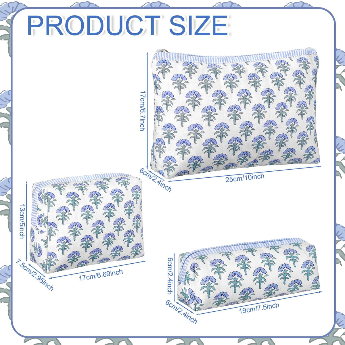 Meanplan 3 Pcs Blue Block Print Quilted Makeup Bag for Women Last Toast on The Coast Quilted Cosmetic Bag Bachelorette Favors Cornflower Coquette Floral Toiletry Pouch Travel Organizer - thewildfolk Meanplan 3 Pcs Blue Block Print Quilted Makeup Bag for Women Last Toast on The Coast Quilted Cosmetic Bag Bachelorette Favors Cornflower Coquette Floral Toiletry Pouch Travel Organizer