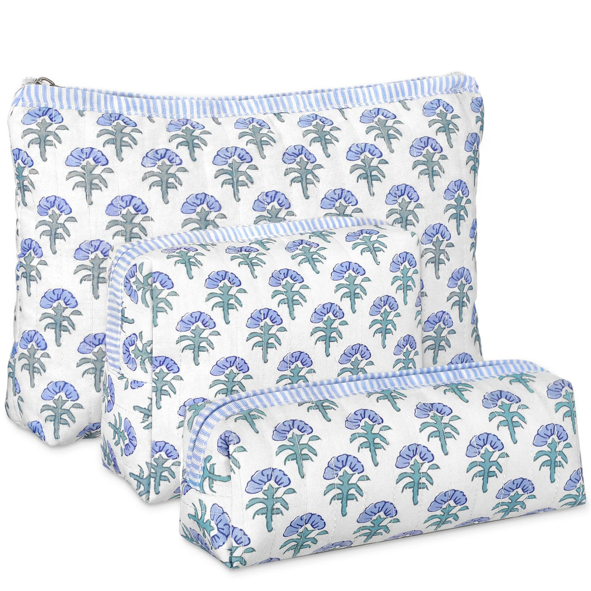Meanplan 3 Pcs Blue Block Print Quilted Makeup Bag for Women Last Toast on The Coast Quilted Cosmetic Bag Bachelorette Favors Cornflower Coquette Floral Toiletry Pouch Travel Organizer - thewildfolk Meanplan 3 Pcs Blue Block Print Quilted Makeup Bag for Women Last Toast on The Coast Quilted Cosmetic Bag Bachelorette Favors Cornflower Coquette Floral Toiletry Pouch Travel Organizer