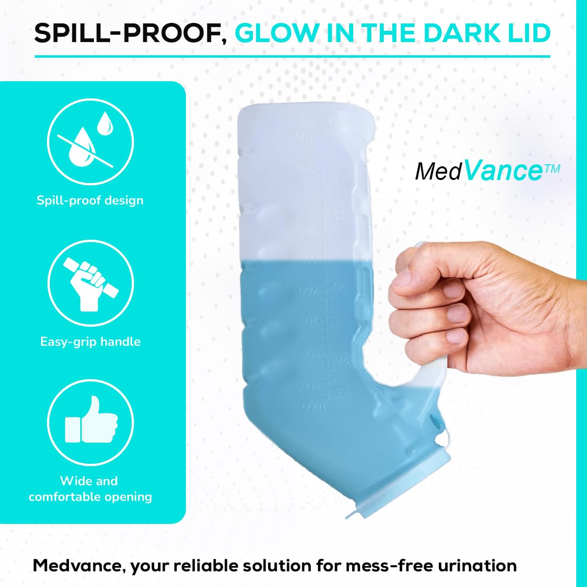 MedVance Urinals for Men 1000ml, Spill Proof Glow in the Dark Lid, 8 Pack - thewildfolk MedVance Urinals for Men 1000ml, Spill Proof Glow in the Dark Lid, 8 Pack