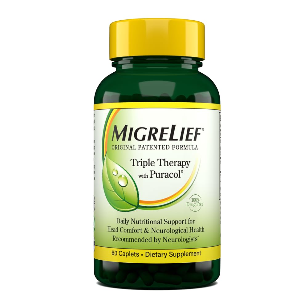 MigreLief Original Triple Therapy with Puracol - Nutritional Support for Migraine Sufferers - 60 Caplets/1 Month Supply - thewildfolk MigreLief Original Triple Therapy with Puracol - Nutritional Support for Migraine Sufferers - 60 Caplets/1 Month Supply
