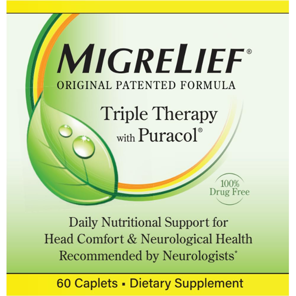 MigreLief Original Triple Therapy with Puracol - Nutritional Support for Migraine Sufferers - 60 Caplets/1 Month Supply - thewildfolk MigreLief Original Triple Therapy with Puracol - Nutritional Support for Migraine Sufferers - 60 Caplets/1 Month Supply
