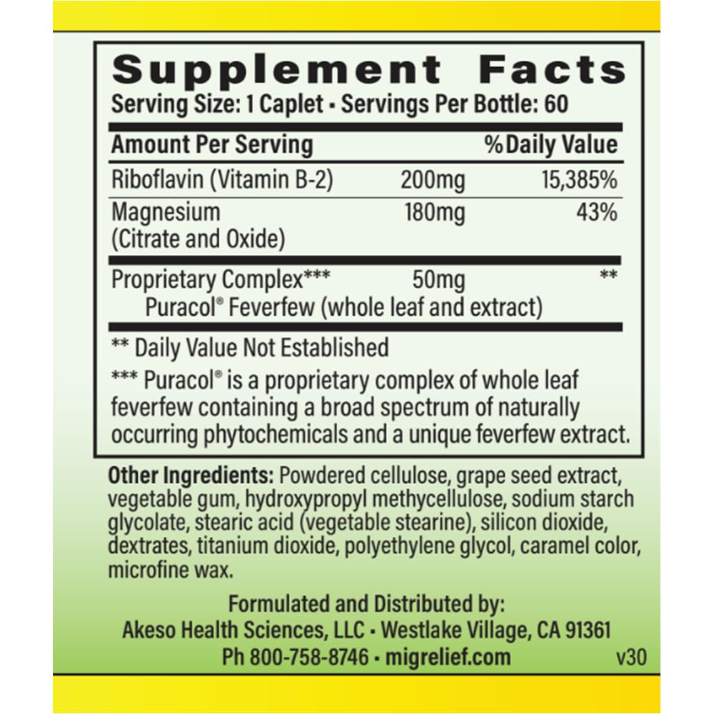MigreLief Original Triple Therapy with Puracol - Nutritional Support for Migraine Sufferers - 60 Caplets/1 Month Supply - thewildfolk MigreLief Original Triple Therapy with Puracol - Nutritional Support for Migraine Sufferers - 60 Caplets/1 Month Supply