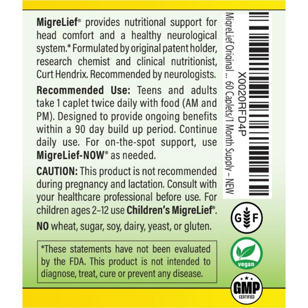 MigreLief Original Triple Therapy with Puracol - Nutritional Support for Migraine Sufferers - 60 Caplets/1 Month Supply - thewildfolk MigreLief Original Triple Therapy with Puracol - Nutritional Support for Migraine Sufferers - 60 Caplets/1 Month Supply