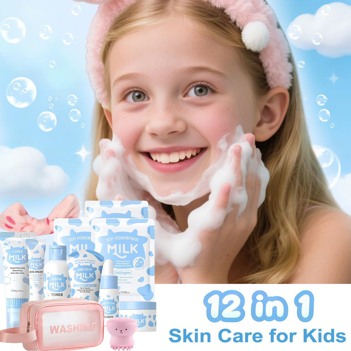 Milk Skin Care Set for Kids, 12 IN 1 Moisturizing & Gentle Milk Skincare for Girls 10-12, Skin Care Set For Kids Girl Ages 8-12 Birthday Gifts, Face Care Kit, Skin Care for Teens, Korean Skin Care - thewildfolk Milk Skin Care Set for Kids, 12 IN 1 Moisturizing & Gentle Milk Skincare for Girls 10-12, Skin Care Set For Kids Girl Ages 8-12 Birthday Gifts, Face Care Kit, Skin Care for Teens, Korean Skin Care