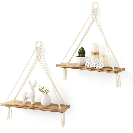 Mkono Macrame Hanging Shelves Boho Wall Decor Set of 2 Floating Wood Shelf - thewildfolk Mkono Macrame Hanging Shelves Boho Wall Decor Set of 2 Floating Wood Shelf