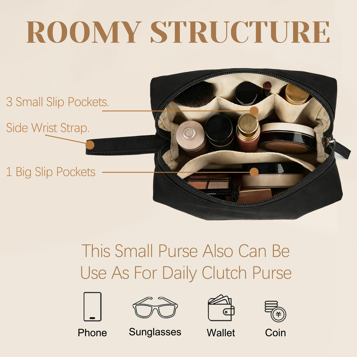 MUHUASHI Mini Cosmetic Bag, Daily Waterproof Makeup Purse and Toiletry Organizer Case, Foldable Lightweight Clutch Pouch Bag (1-Black) - thewildfolk MUHUASHI Mini Cosmetic Bag, Daily Waterproof Makeup Purse and Toiletry Organizer Case, Foldable Lightweight Clutch Pouch Bag (1-Black)