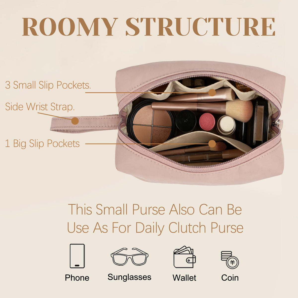 MUHUASHI Mini Cosmetic Bag, Daily Waterproof Makeup Purse and Toiletry Organizer Case, Foldable Lightweight Clutch Pouch Bag (7-Dark Pink) - thewildfolk MUHUASHI Mini Cosmetic Bag, Daily Waterproof Makeup Purse and Toiletry Organizer Case, Foldable Lightweight Clutch Pouch Bag (7-Dark Pink)