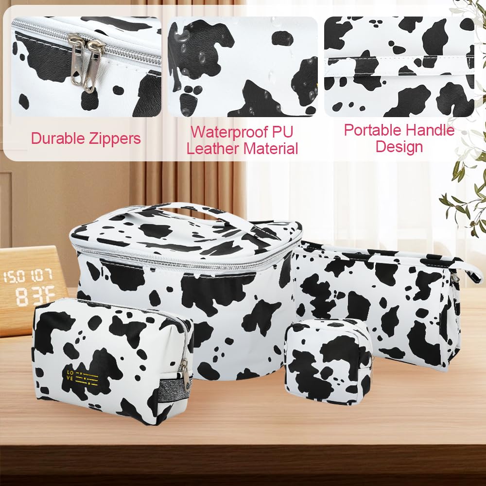 Mulaibdin 4 Pack Makeup Bag, Cows Travel Toiletry Bags for Women, Cute Cosmetic Organizer Pouch with Small Make Up Bag Leather Waterproof Handbag (Style1) - thewildfolk Mulaibdin 4 Pack Makeup Bag, Cows Travel Toiletry Bags for Women, Cute Cosmetic Organizer Pouch with Small Make Up Bag Leather Waterproof Handbag (Style1)