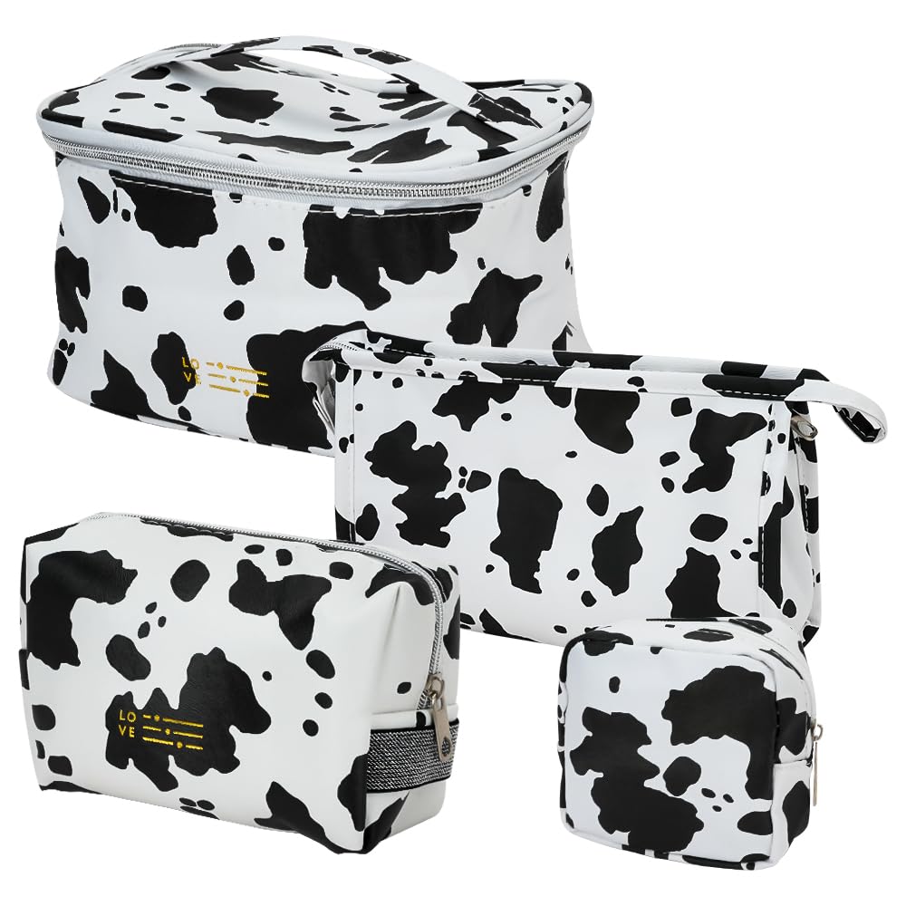 Mulaibdin 4 Pack Makeup Bag, Cows Travel Toiletry Bags for Women, Cute Cosmetic Organizer Pouch with Small Make Up Bag Leather Waterproof Handbag (Style1) - thewildfolk Mulaibdin 4 Pack Makeup Bag, Cows Travel Toiletry Bags for Women, Cute Cosmetic Organizer Pouch with Small Make Up Bag Leather Waterproof Handbag (Style1)