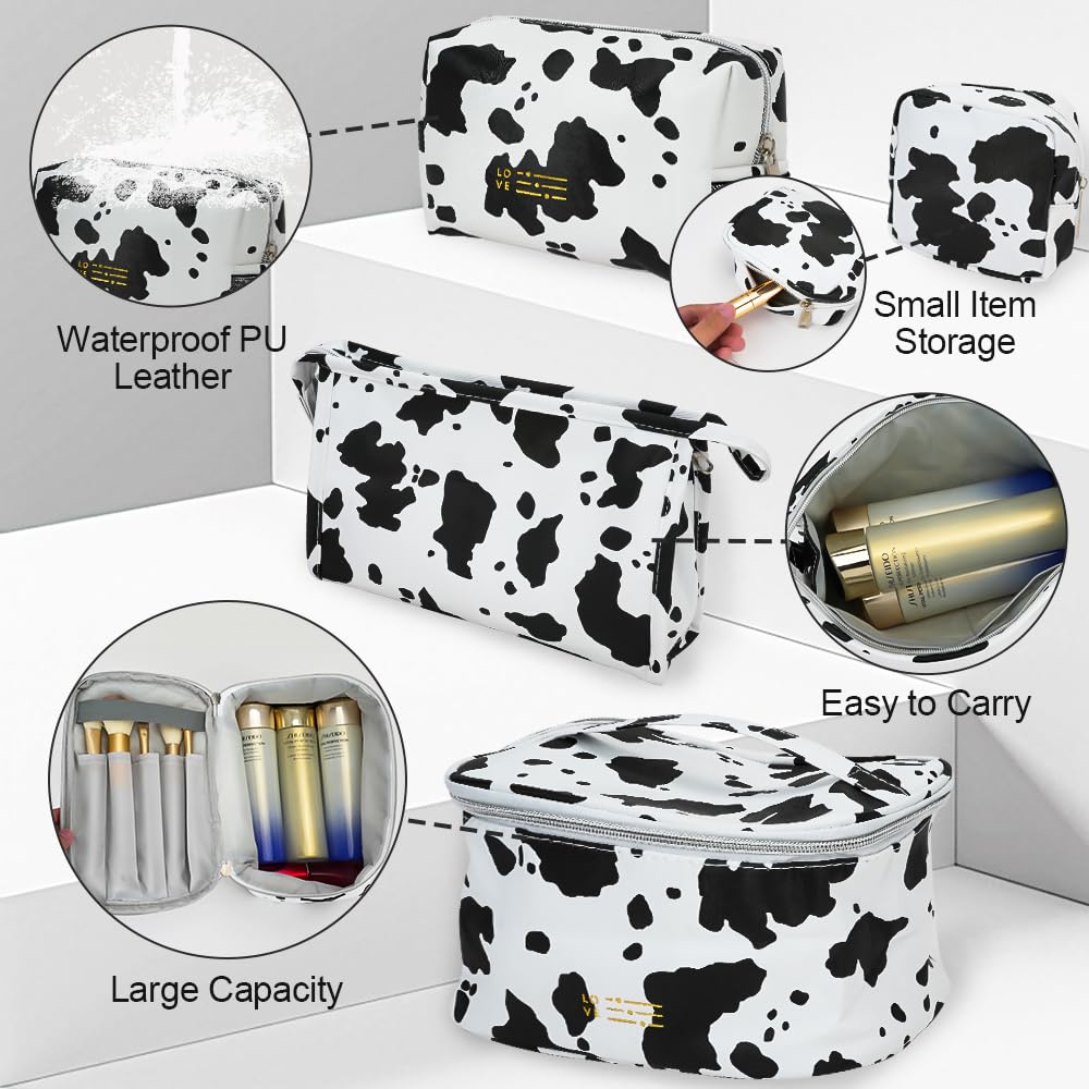 Mulaibdin 4 Pack Makeup Bag, Cows Travel Toiletry Bags for Women, Cute Cosmetic Organizer Pouch with Small Make Up Bag Leather Waterproof Handbag (Style1) - thewildfolk Mulaibdin 4 Pack Makeup Bag, Cows Travel Toiletry Bags for Women, Cute Cosmetic Organizer Pouch with Small Make Up Bag Leather Waterproof Handbag (Style1)