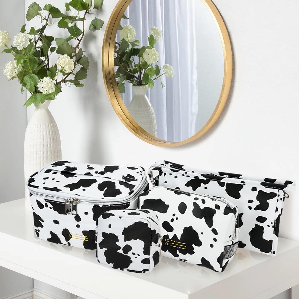 Mulaibdin 4 Pack Makeup Bag, Cows Travel Toiletry Bags for Women, Cute Cosmetic Organizer Pouch with Small Make Up Bag Leather Waterproof Handbag (Style1) - thewildfolk Mulaibdin 4 Pack Makeup Bag, Cows Travel Toiletry Bags for Women, Cute Cosmetic Organizer Pouch with Small Make Up Bag Leather Waterproof Handbag (Style1)