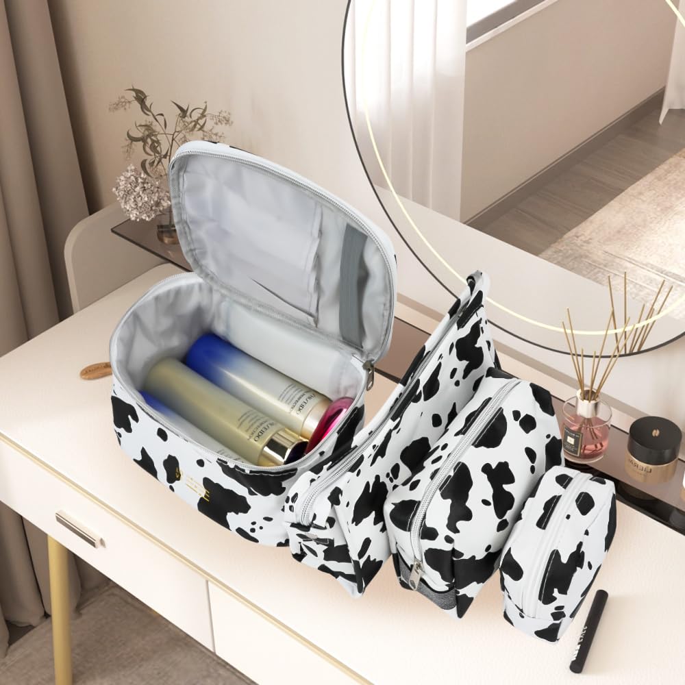 Mulaibdin 4 Pack Makeup Bag, Cows Travel Toiletry Bags for Women, Cute Cosmetic Organizer Pouch with Small Make Up Bag Leather Waterproof Handbag (Style1) - thewildfolk Mulaibdin 4 Pack Makeup Bag, Cows Travel Toiletry Bags for Women, Cute Cosmetic Organizer Pouch with Small Make Up Bag Leather Waterproof Handbag (Style1)