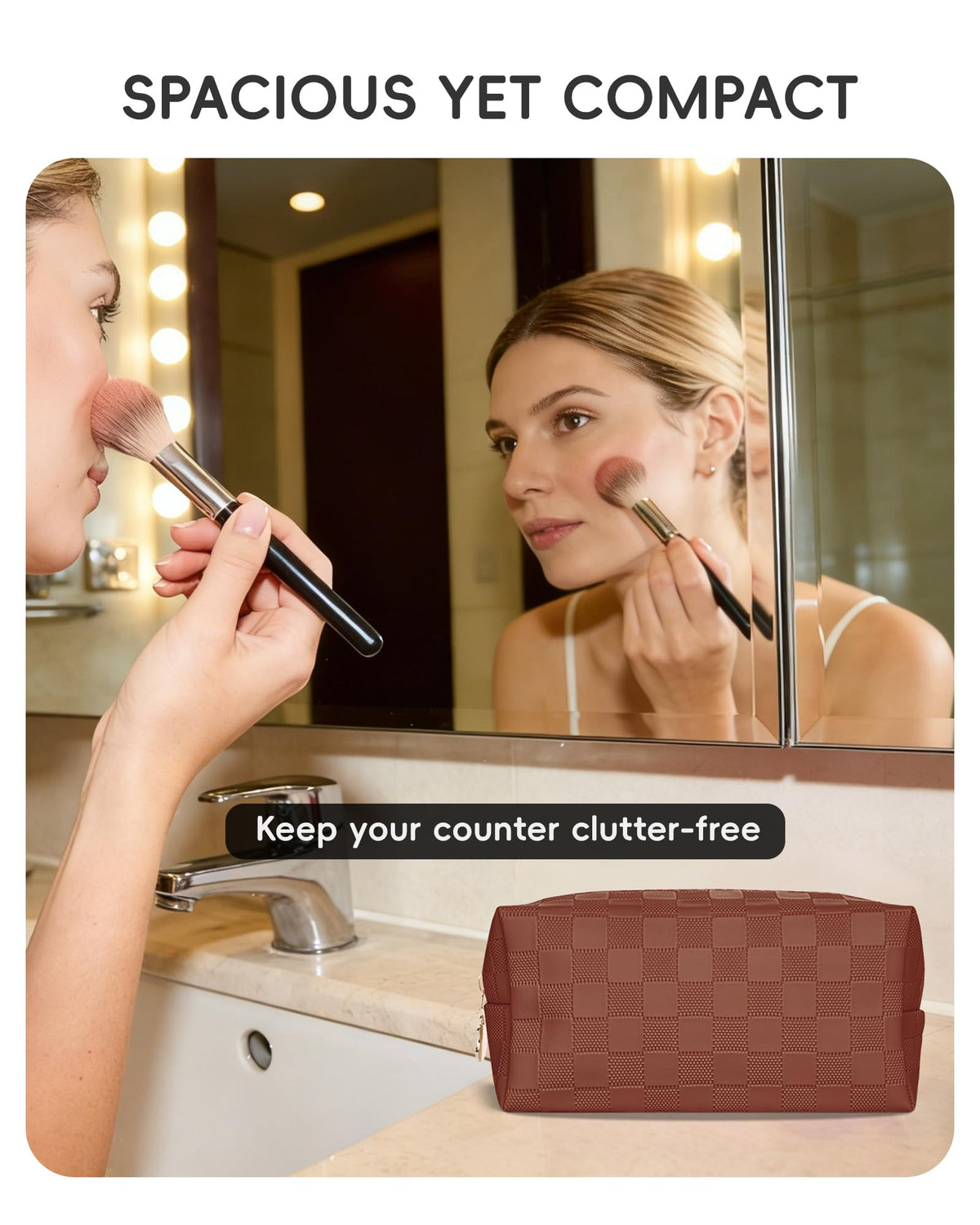 MXXUUOOM Checkered Makeup Bag, PU Leather Cosmetic Pouch - thewildfolk MXXUUOOM Checkered Makeup Bag, PU Leather Cosmetic Pouch
