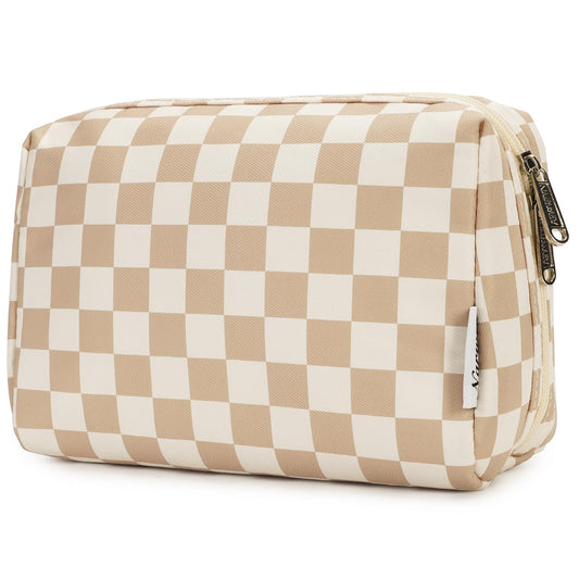 Narwey Checkered Makeup Bag Travel Cosmetic Bag Organizer Toiletry Bag Make Up Bags with Compartments for Women Girls (Large, Light Checkerboard) - thewildfolk Narwey Checkered Makeup Bag Travel Cosmetic Bag Organizer Toiletry Bag Make Up Bags with Compartments for Women Girls (Large, Light Checkerboard)