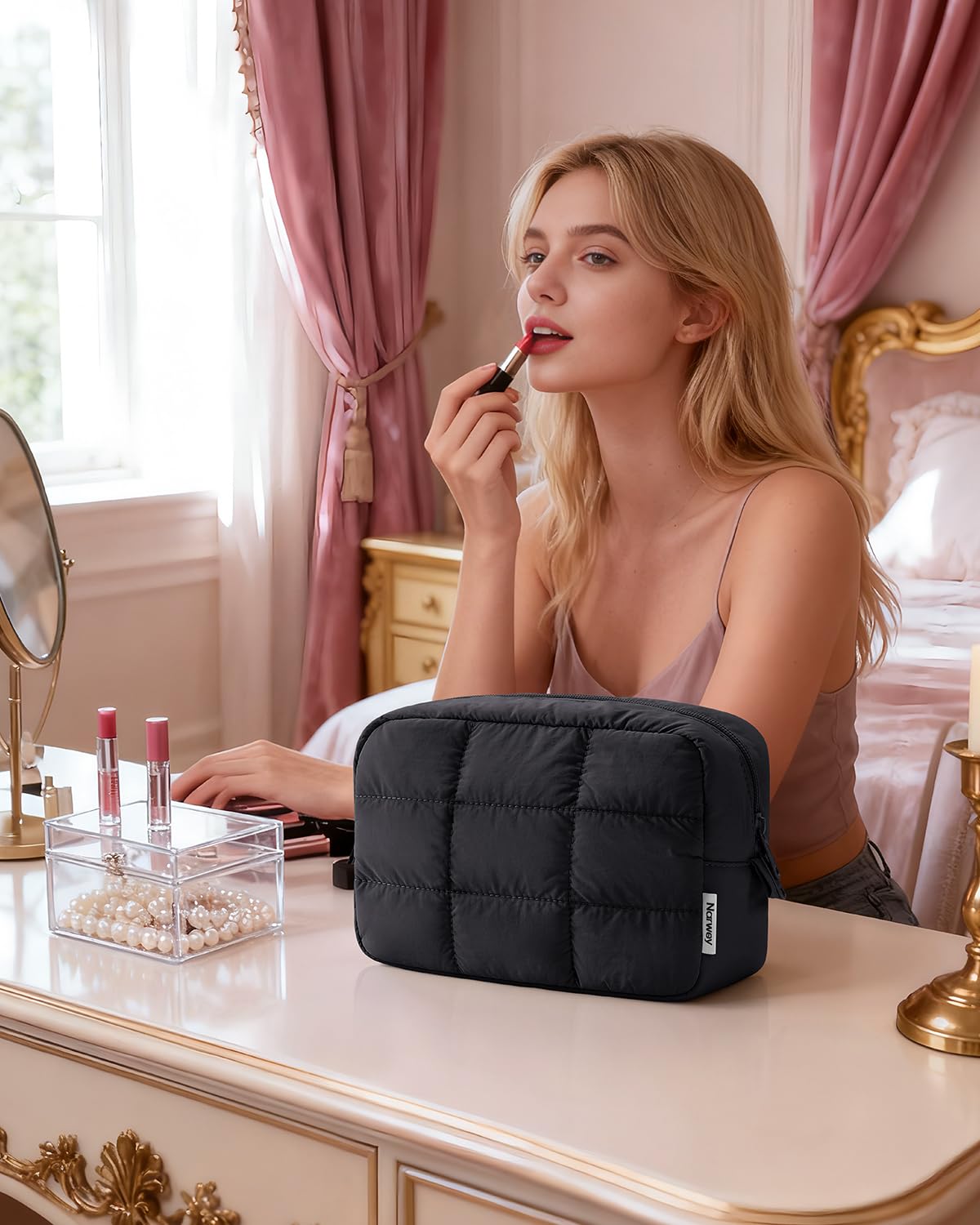 Narwey Puffy Makeup Bag Travel Toiletry Bag, Quilted Cosmetic Bag for Women - thewildfolk Narwey Puffy Makeup Bag Travel Toiletry Bag, Quilted Cosmetic Bag for Women