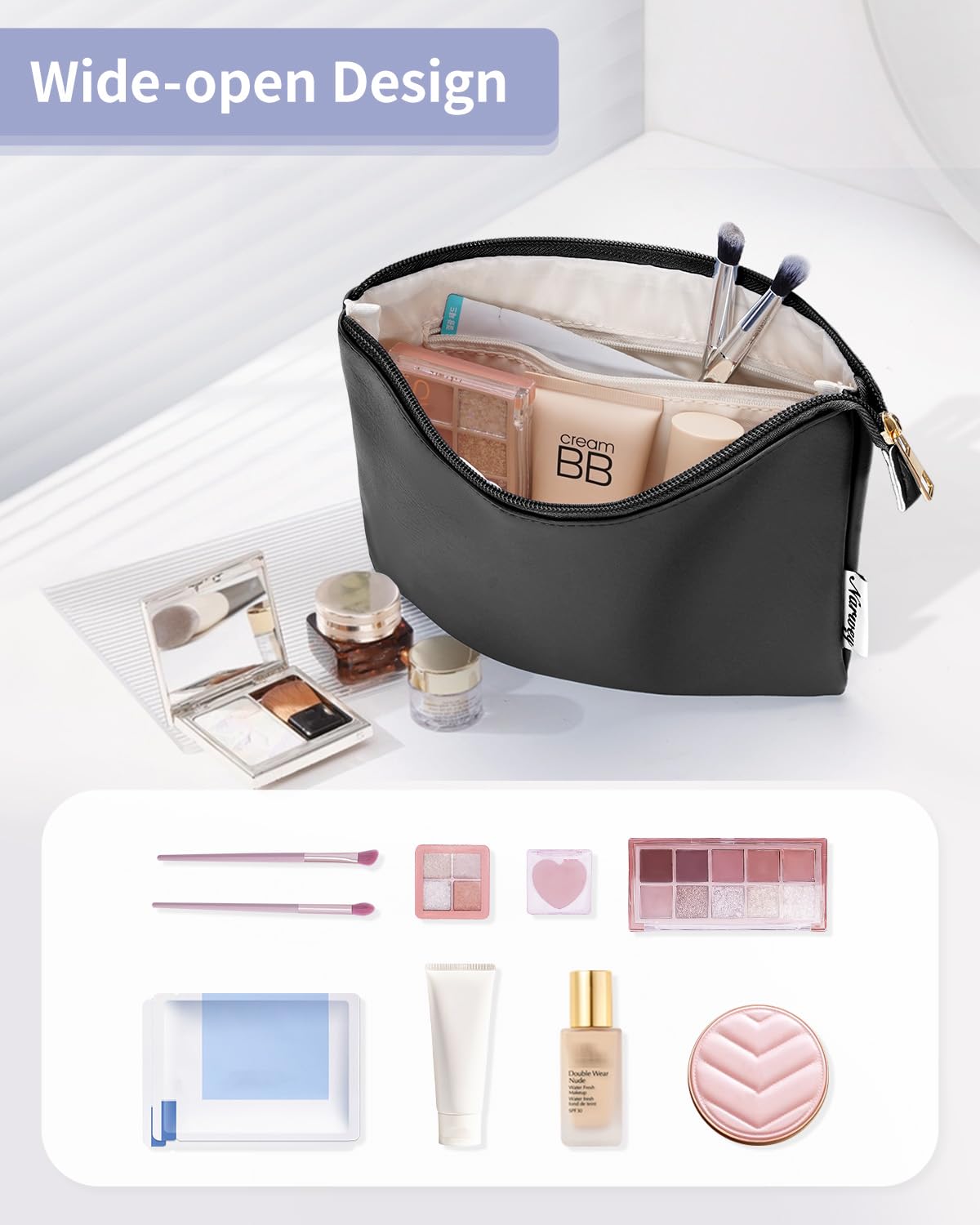Narwey Small Makeup bag for Purse, Small Makeup Pouch for Purse Cosmetic Bag with Zipper, Cute PU Leather Make up Pouch for Women Girls (Black) - thewildfolk Narwey Small Makeup bag for Purse, Small Makeup Pouch for Purse Cosmetic Bag with Zipper, Cute PU Leather Make up Pouch for Women Girls (Black)