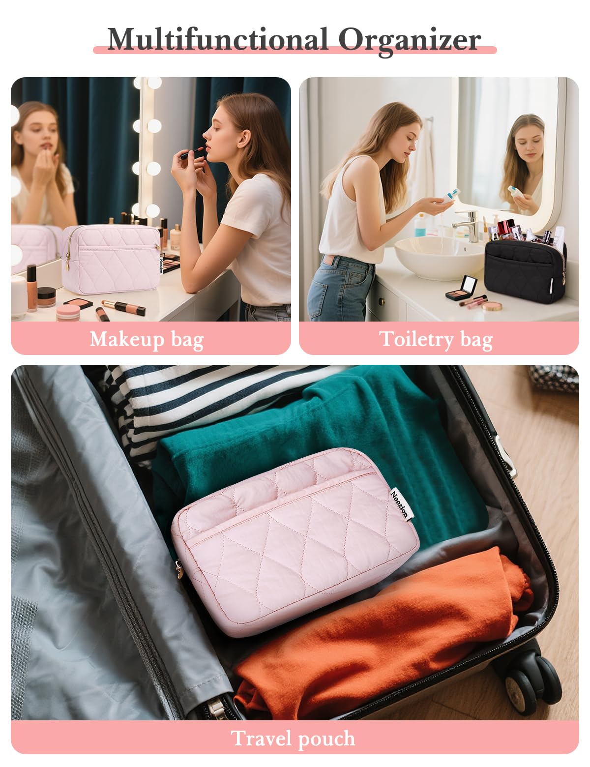 Noozion Makeup Bag Travel Toiletry Bag, Puffy Padded Cosmetic Bag for Women, Makeup Organizer Case, Wide-open Pouch Purse, Travel Essentials - thewildfolk Noozion Makeup Bag Travel Toiletry Bag, Puffy Padded Cosmetic Bag for Women, Makeup Organizer Case, Wide-open Pouch Purse, Travel Essentials
