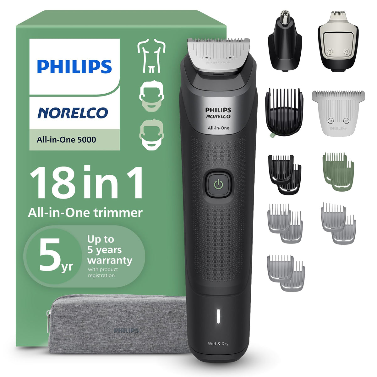 Norelco Philips All-in-One 5000 18-in-1 Trimmer, Face, Hair & Body, Black - thewildfolk Norelco Philips All-in-One 5000 18-in-1 Trimmer, Face, Hair & Body, Black