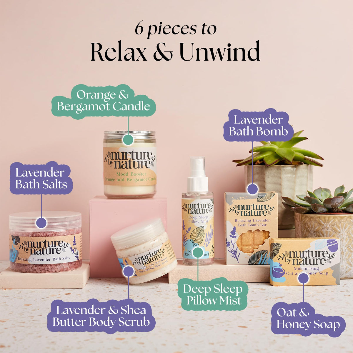Nurture by Nature Self Care Gifts for Women - Spa Gift Baskets for Women & Relaxation Gifts | At Home Spa Kit | 6 Piece Bath Set with Pillow Spray, Candle, Bath Bomb & Bath Salts - thewildfolk Nurture by Nature Self Care Gifts for Women - Spa Gift Baskets for Women & Relaxation Gifts | At Home Spa Kit | 6 Piece Bath Set with Pillow Spray, Candle, Bath Bomb & Bath Salts