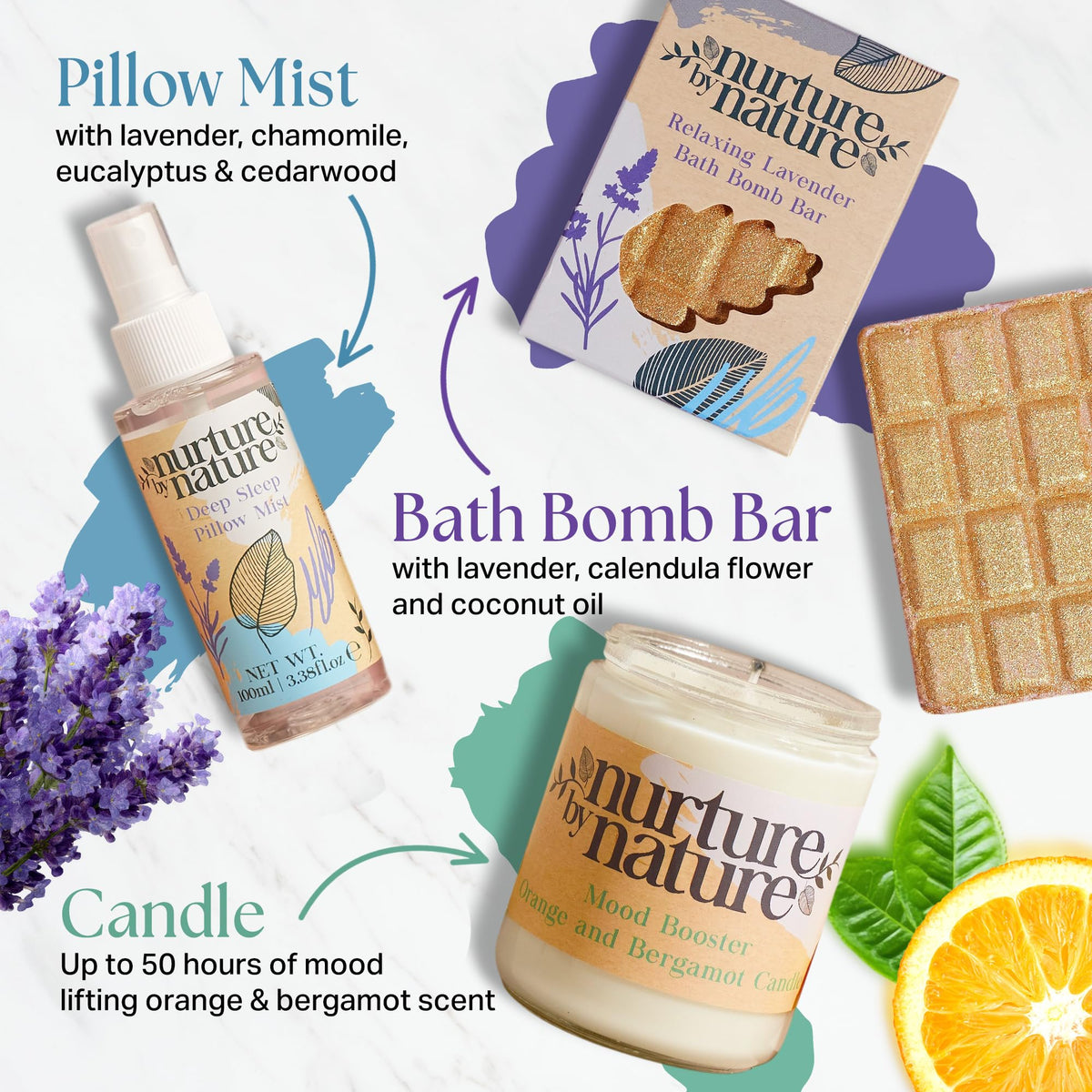 Nurture by Nature Self Care Gifts for Women - Spa Gift Baskets for Women & Relaxation Gifts | At Home Spa Kit | 6 Piece Bath Set with Pillow Spray, Candle, Bath Bomb & Bath Salts - thewildfolk Nurture by Nature Self Care Gifts for Women - Spa Gift Baskets for Women & Relaxation Gifts | At Home Spa Kit | 6 Piece Bath Set with Pillow Spray, Candle, Bath Bomb & Bath Salts