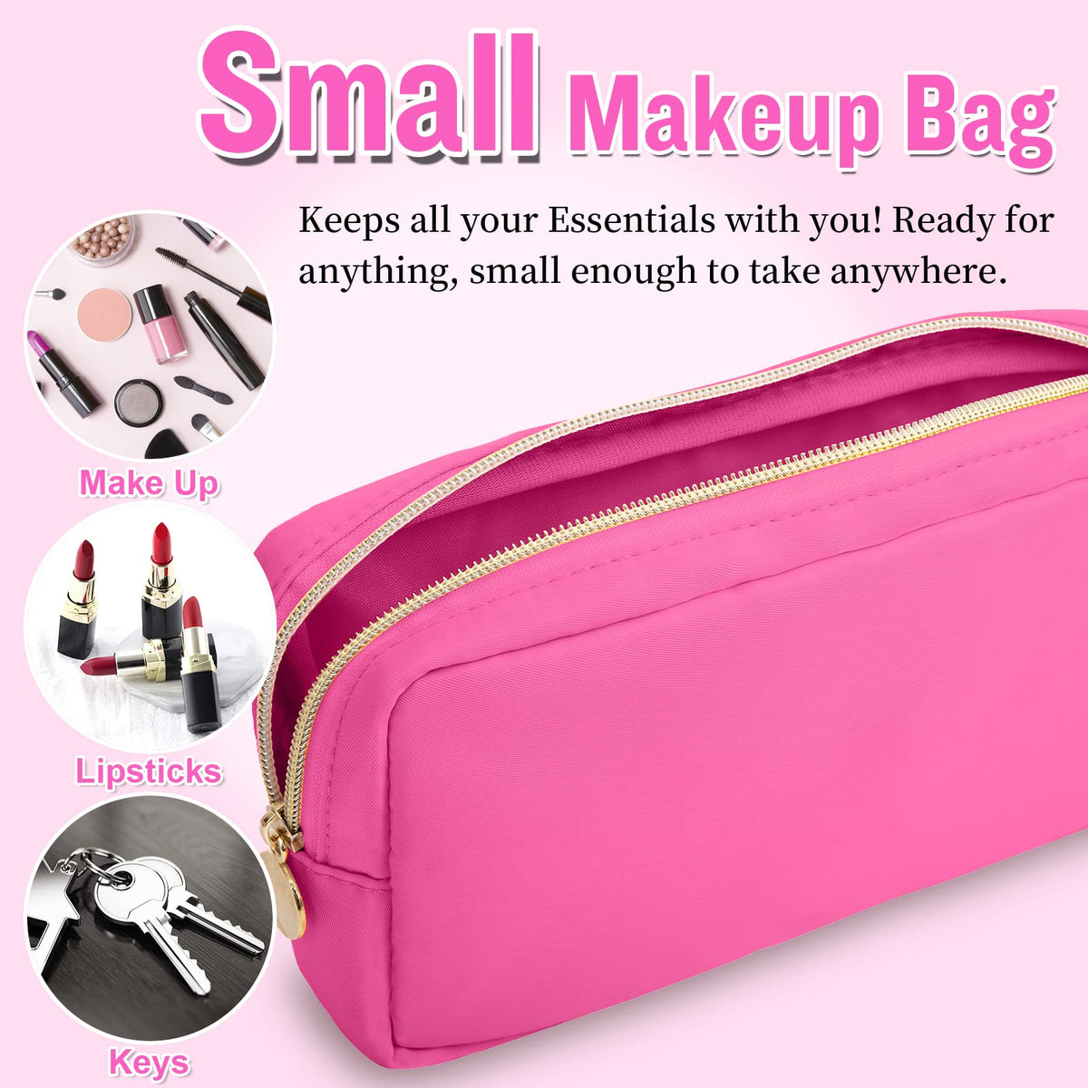 Nylon Small Makeup Bag for Purse, Cute Preppy Makeup Bag Cosmetic Zipper Pouch Purse, Waterproof Portable Travel Toiletry Bag Clutch Makeup Brush Bag Organizer Storage for Women Men Girls(Hot Pink) - thewildfolk Nylon Small Makeup Bag for Purse, Cute Preppy Makeup Bag Cosmetic Zipper Pouch Purse, Waterproof Portable Travel Toiletry Bag Clutch Makeup Brush Bag Organizer Storage for Women Men Girls(Hot Pink)