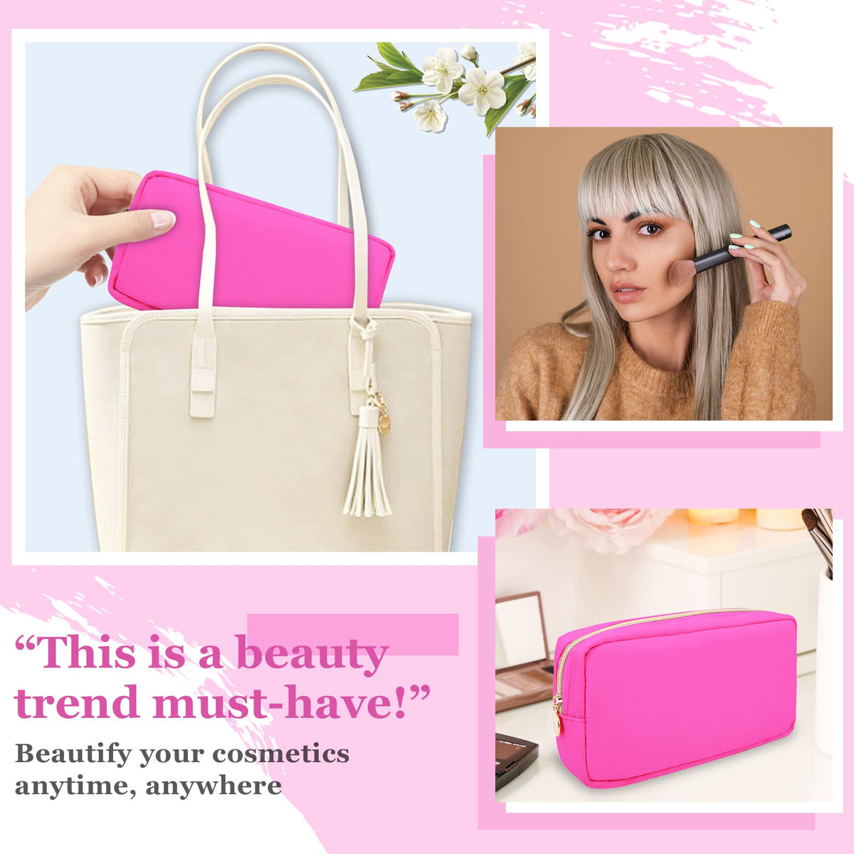 Nylon Small Makeup Bag for Purse, Cute Preppy Makeup Bag Cosmetic Zipper Pouch Purse, Waterproof Portable Travel Toiletry Bag Clutch Makeup Brush Bag Organizer Storage for Women Men Girls(Hot Pink) - thewildfolk Nylon Small Makeup Bag for Purse, Cute Preppy Makeup Bag Cosmetic Zipper Pouch Purse, Waterproof Portable Travel Toiletry Bag Clutch Makeup Brush Bag Organizer Storage for Women Men Girls(Hot Pink)