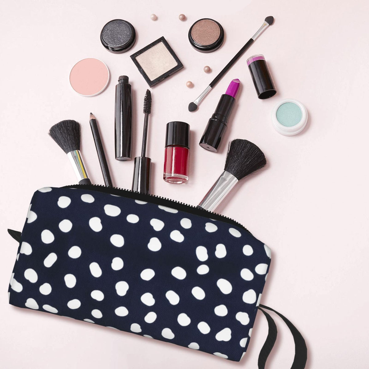OLUSENMO White Doodle Polka Dot Makeup Bag for Women with Wrist Strap - thewildfolk OLUSENMO White Doodle Polka Dot Makeup Bag for Women with Wrist Strap