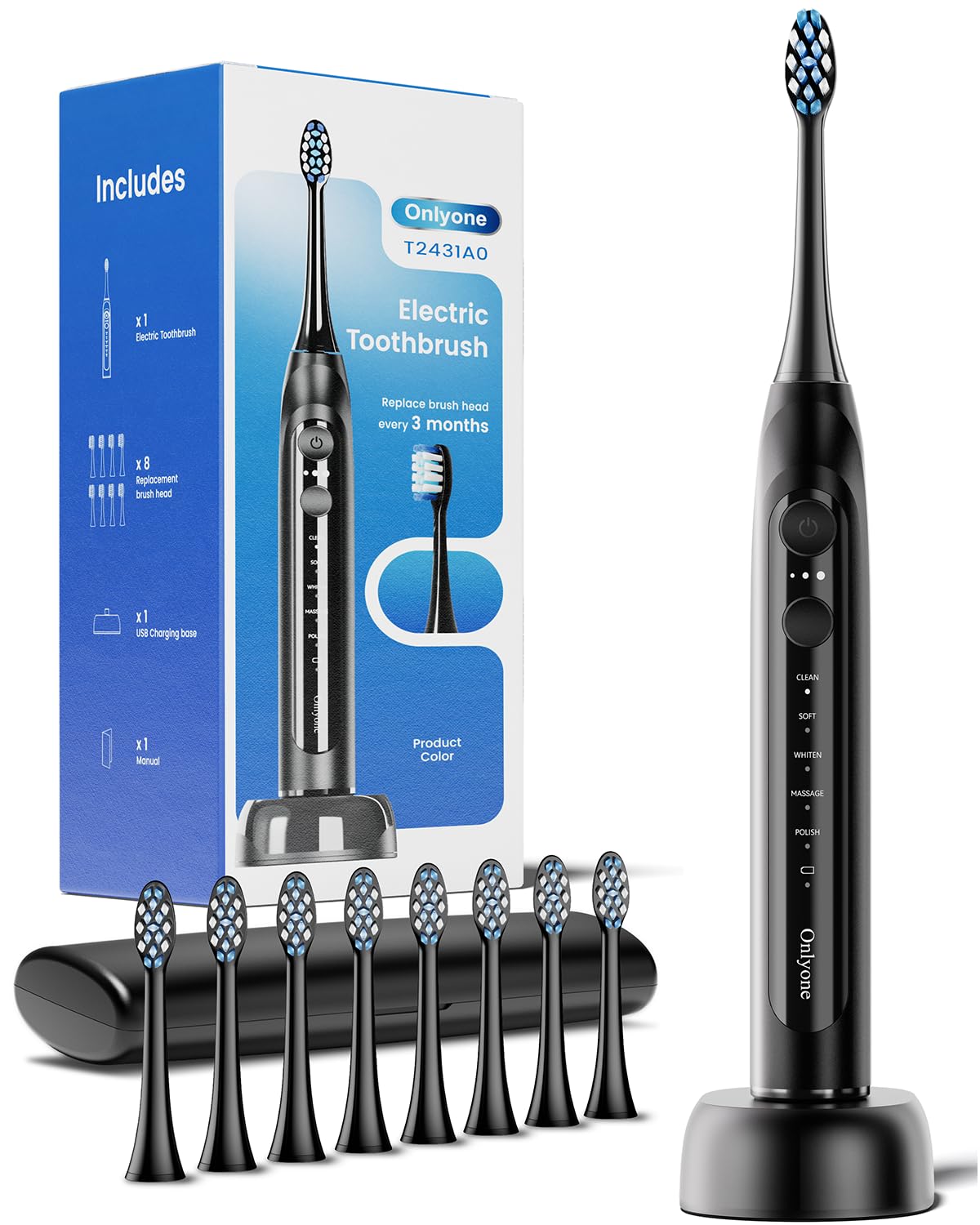 Onlyone Electric Toothbrush for Adults, Rechargeable Electric Toothbrush with 8 Brush Heads, Travel Case, Charging Base & Wireless Charging - 5 Modes with Smart Timer - thewildfolk Onlyone Electric Toothbrush for Adults, Rechargeable Electric Toothbrush with 8 Brush Heads, Travel Case, Charging Base & Wireless Charging - 5 Modes with Smart Timer