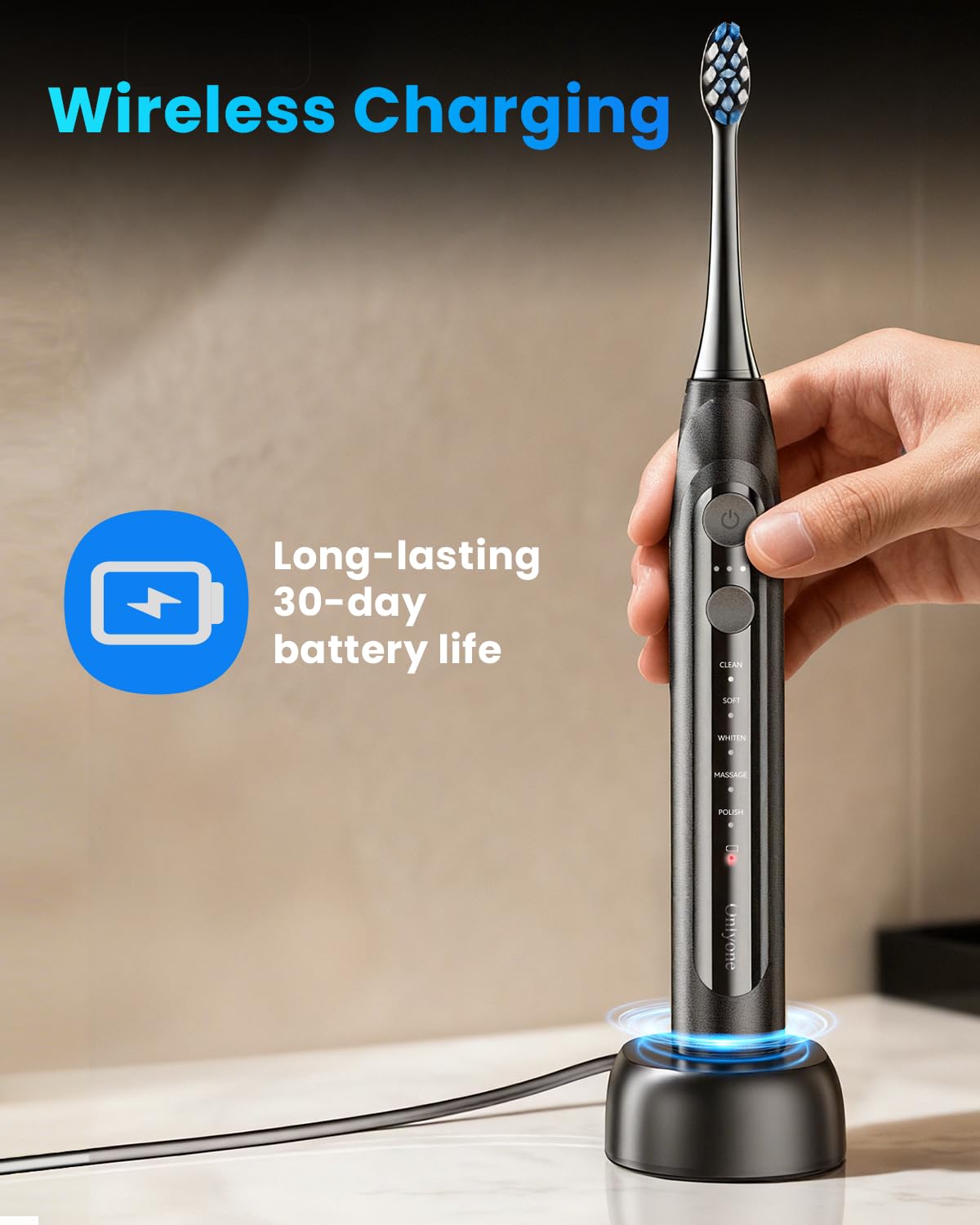 Onlyone Electric Toothbrush for Adults, Rechargeable Electric Toothbrush with 8 Brush Heads, Travel Case, Charging Base & Wireless Charging - 5 Modes with Smart Timer - thewildfolk Onlyone Electric Toothbrush for Adults, Rechargeable Electric Toothbrush with 8 Brush Heads, Travel Case, Charging Base & Wireless Charging - 5 Modes with Smart Timer