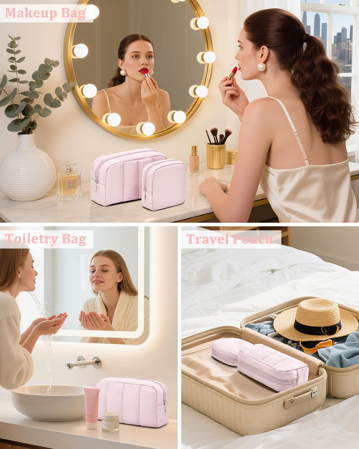 oscaurt 2 Pcs Makeup Bag Travel Toiletry Bag for Women Puffy Padded Cosmetic Pouch Purse Wide-open Makeup Organizer Case Travel Essentials - thewildfolk oscaurt 2 Pcs Makeup Bag Travel Toiletry Bag for Women Puffy Padded Cosmetic Pouch Purse Wide-open Makeup Organizer Case Travel Essentials