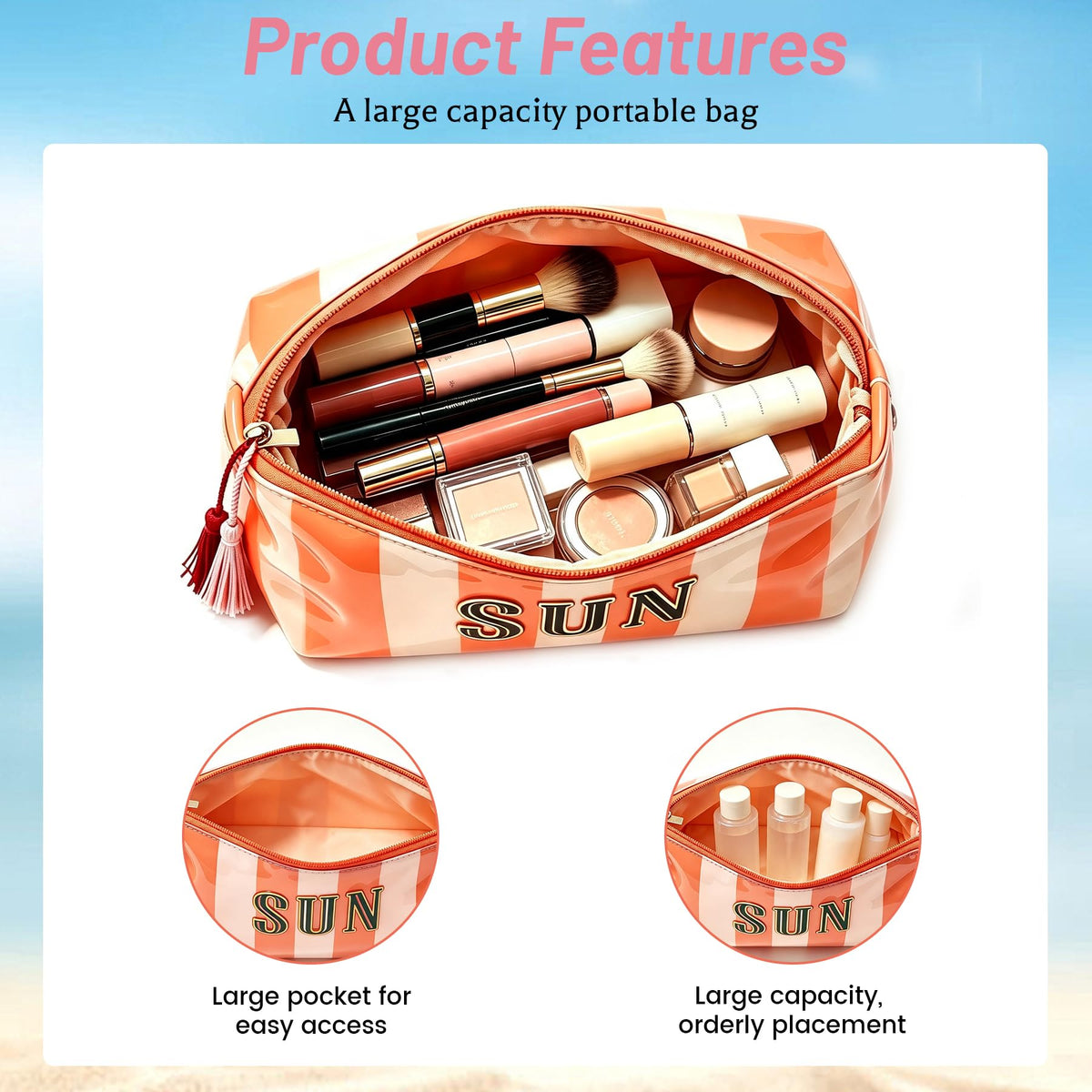 Ovwqt Waterproof Striped PVC Makeup Bag small, Cosmetic Zipper Pouch Travel Toiletry Organizer, Beach Pool Summer Vacation Essentials Gift for Women Girls(Pink-Orange-SUN) - thewildfolk Ovwqt Waterproof Striped PVC Makeup Bag small, Cosmetic Zipper Pouch Travel Toiletry Organizer, Beach Pool Summer Vacation Essentials Gift for Women Girls(Pink-Orange-SUN)