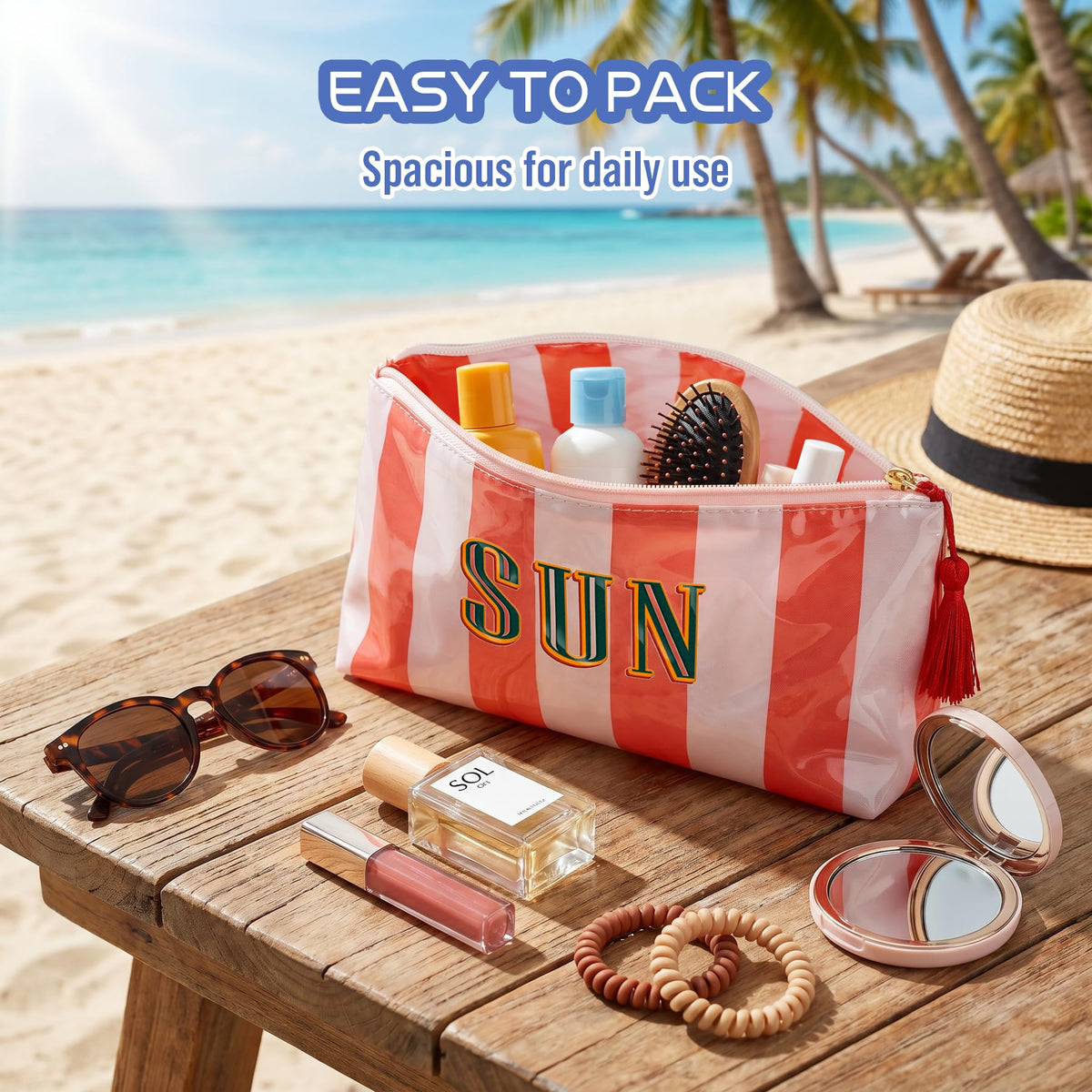 Ovwqt Waterproof Striped PVC Makeup Bag small, Cosmetic Zipper Pouch Travel Toiletry Organizer, Beach Pool Summer Vacation Essentials Gift for Women Girls(Pink-Orange-SUN) - thewildfolk Ovwqt Waterproof Striped PVC Makeup Bag small, Cosmetic Zipper Pouch Travel Toiletry Organizer, Beach Pool Summer Vacation Essentials Gift for Women Girls(Pink-Orange-SUN)