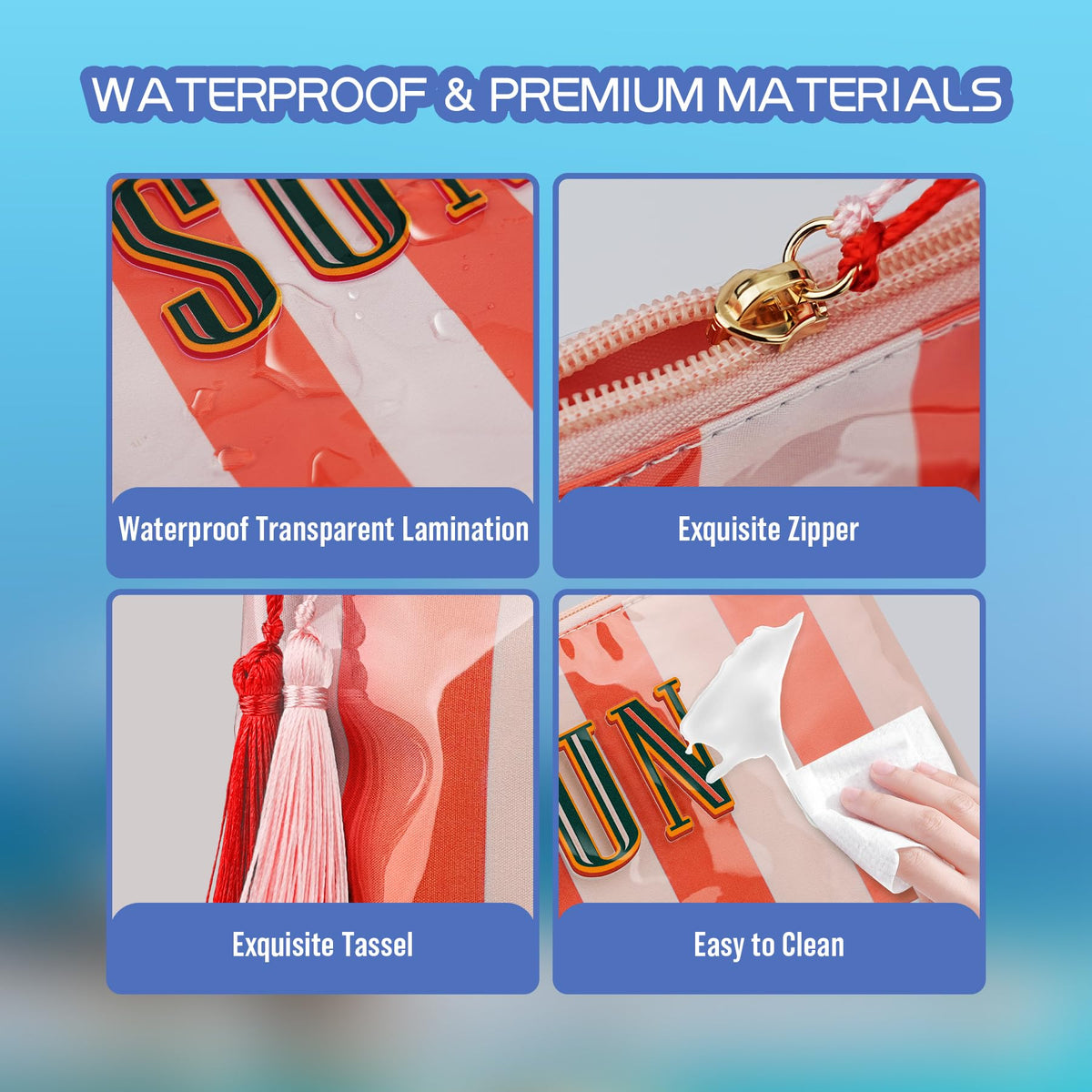 Ovwqt Waterproof Striped PVC Makeup Bag small, Cosmetic Zipper Pouch Travel Toiletry Organizer, Beach Pool Summer Vacation Essentials Gift for Women Girls(Pink-Orange-SUN) - thewildfolk Ovwqt Waterproof Striped PVC Makeup Bag small, Cosmetic Zipper Pouch Travel Toiletry Organizer, Beach Pool Summer Vacation Essentials Gift for Women Girls(Pink-Orange-SUN)
