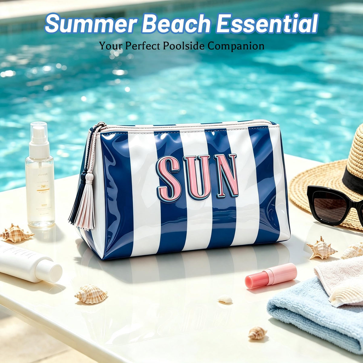 Ovwqt Waterproof Striped PVC Makeup Bag small, Cosmetic Zipper Pouch Travel Toiletry Organizer, Beach Pool Summer Vacation Essentials Gift for Women Girls(Pink-Orange-SUN) - thewildfolk Ovwqt Waterproof Striped PVC Makeup Bag small, Cosmetic Zipper Pouch Travel Toiletry Organizer, Beach Pool Summer Vacation Essentials Gift for Women Girls(Pink-Orange-SUN)