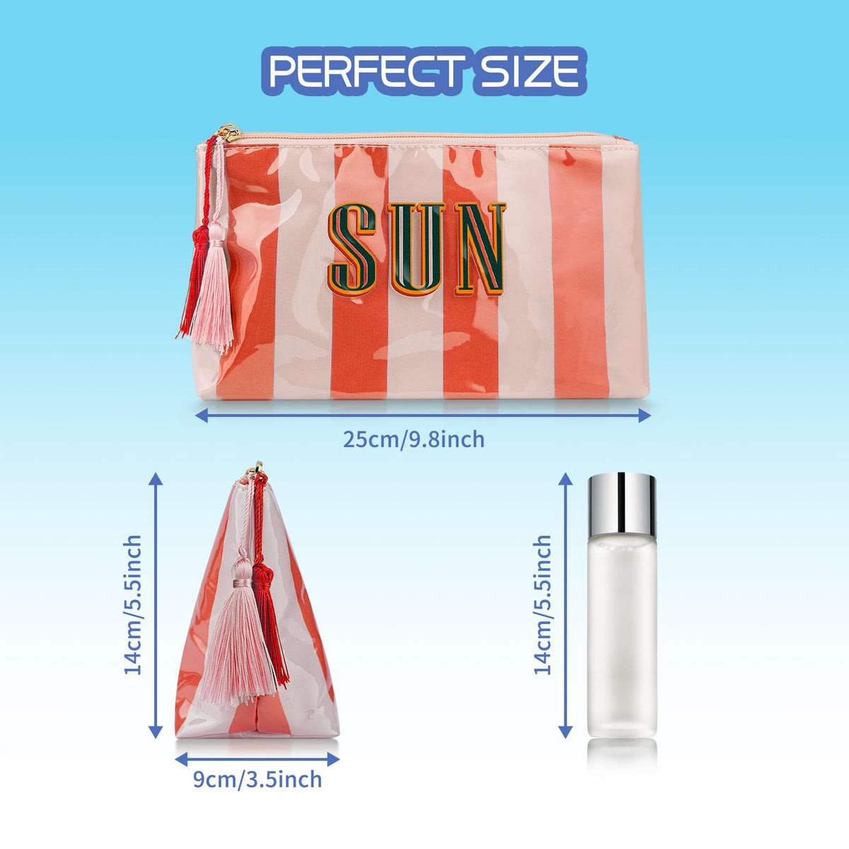 Ovwqt Waterproof Striped PVC Makeup Bag small, Cosmetic Zipper Pouch Travel Toiletry Organizer, Beach Pool Summer Vacation Essentials Gift for Women Girls(Pink-Orange-SUN) - thewildfolk Ovwqt Waterproof Striped PVC Makeup Bag small, Cosmetic Zipper Pouch Travel Toiletry Organizer, Beach Pool Summer Vacation Essentials Gift for Women Girls(Pink-Orange-SUN)