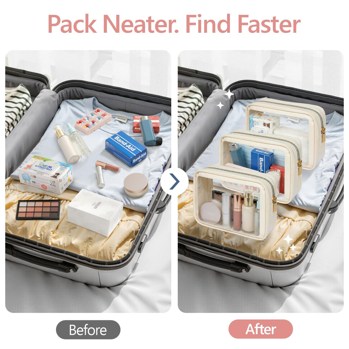PACKISM Clear Makeup Bag Travel - 3 Pack TSA Approved Toiletry Bag, Beige - thewildfolk PACKISM Clear Makeup Bag Travel - 3 Pack TSA Approved Toiletry Bag, Beige
