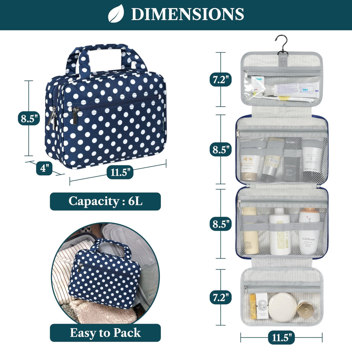 PAVILIA Hanging Toiletry Bag for Women, Portable Makeup Organizer, Navy Dot - thewildfolk PAVILIA Hanging Toiletry Bag for Women, Portable Makeup Organizer, Navy Dot
