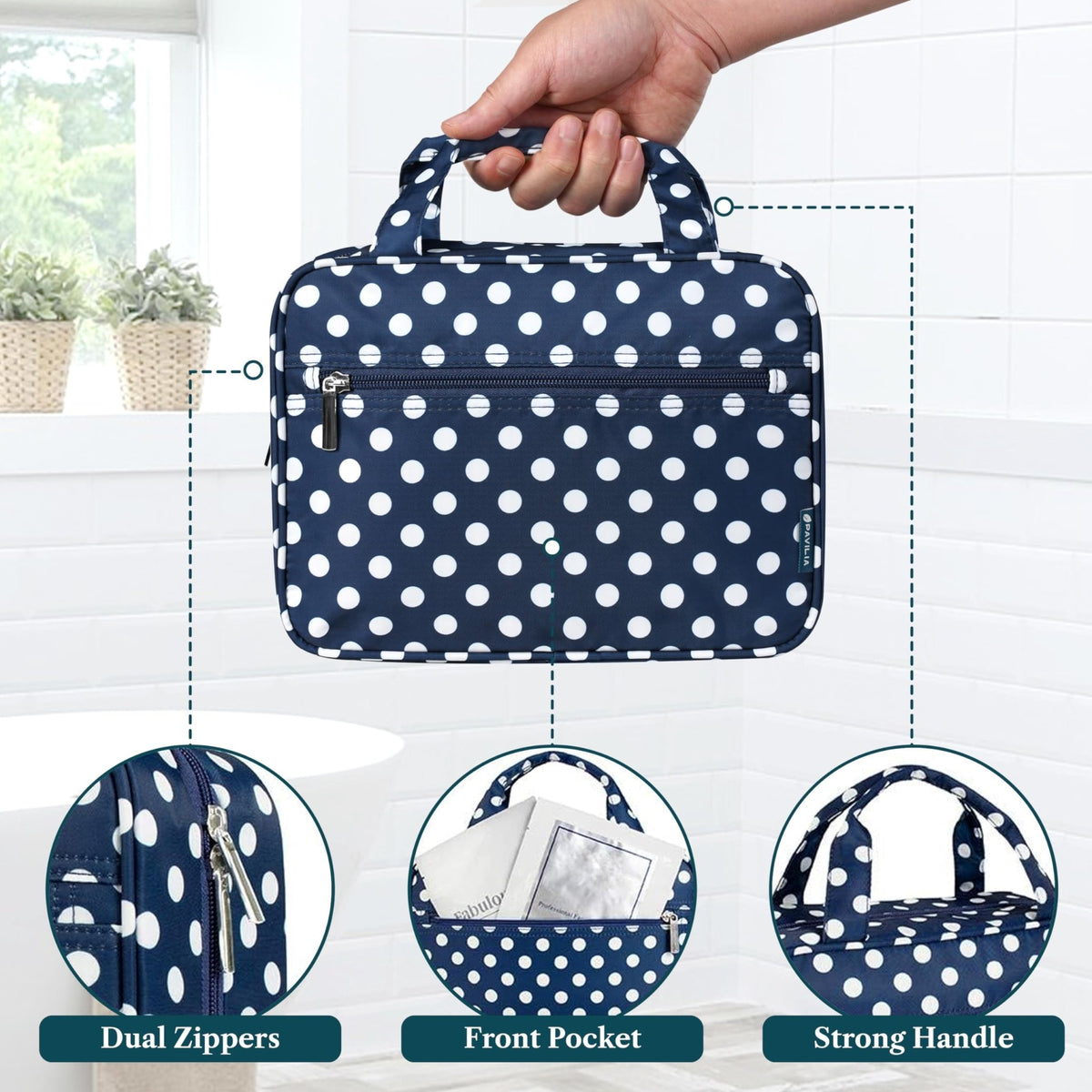 PAVILIA Hanging Toiletry Bag for Women, Portable Makeup Organizer, Navy Dot - thewildfolk PAVILIA Hanging Toiletry Bag for Women, Portable Makeup Organizer, Navy Dot