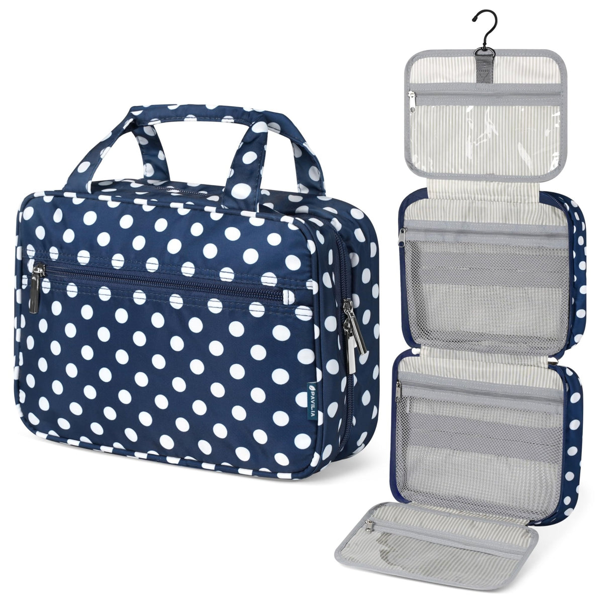 PAVILIA Hanging Toiletry Bag for Women, Portable Makeup Organizer, Navy Dot - thewildfolk PAVILIA Hanging Toiletry Bag for Women, Portable Makeup Organizer, Navy Dot