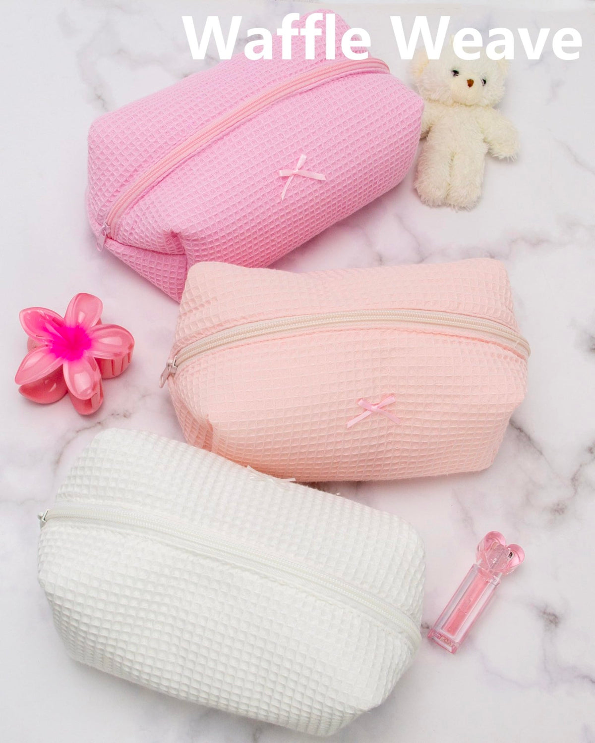 PAZIMIIK Cozy Makeup Bag for Women,Zipper Cosmetic Pouch,Waffle Pink,2 Pack - thewildfolk PAZIMIIK Cozy Makeup Bag for Women,Zipper Cosmetic Pouch,Waffle Pink,2 Pack