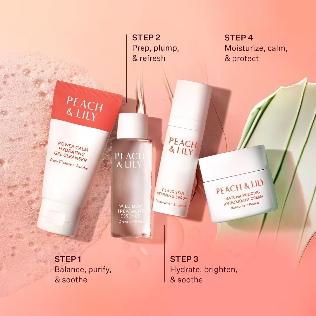 Peach & Lily - Glass Skin Discovery Kit (4 Products) - 1 Cleanser, 1 Essence, 1 Serum & 1 Cream - Skin Care Set - Acne Routine - Travel Essentials - Self Care - Vegan & Cruelty Free - Korean Beauty - thewildfolk Peach & Lily - Glass Skin Discovery Kit (4 Products) - 1 Cleanser, 1 Essence, 1 Serum & 1 Cream - Skin Care Set - Acne Routine - Travel Essentials - Self Care - Vegan & Cruelty Free - Korean Beauty