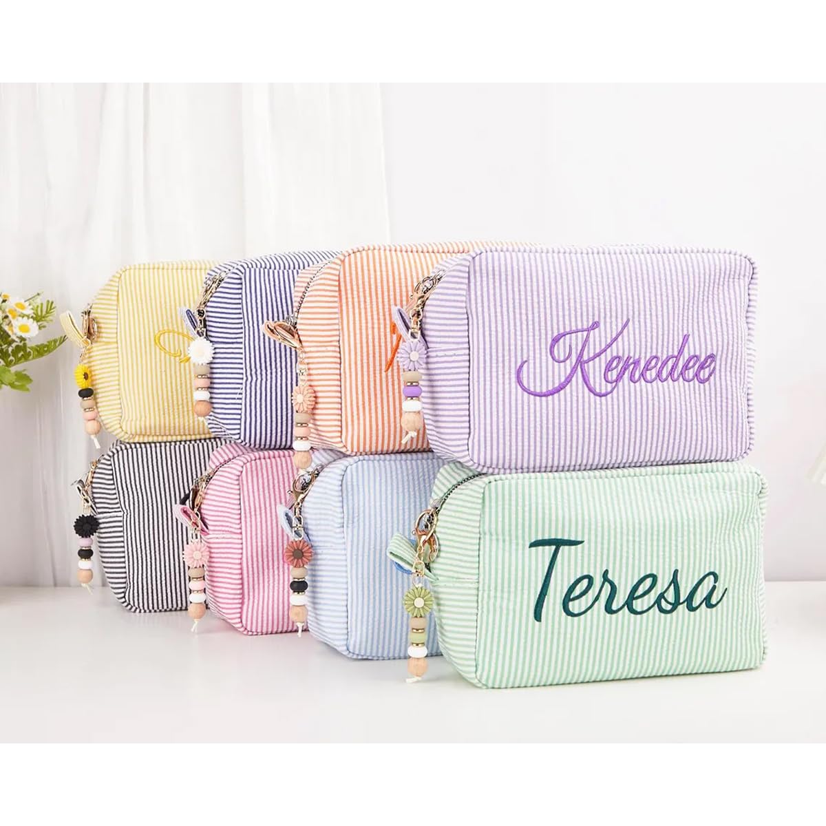 Personalized Cosmetic Bag with Name, Cute Custom Makeup Bags for Women Girls Seersucker Bridesmaid Travel Bag, Organizer Storage Pouch, Cute Pattern, Available to Match Travel Bags - thewildfolk Personalized Cosmetic Bag with Name, Cute Custom Makeup Bags for Women Girls Seersucker Bridesmaid Travel Bag, Organizer Storage Pouch, Cute Pattern, Available to Match Travel Bags