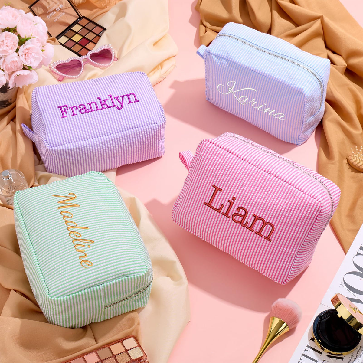 Personalized Cosmetic Bag with Name, Cute Custom Makeup Bags for Women Girls Seersucker Bridesmaid Travel Bag, Organizer Storage Pouch, Cute Pattern, Available to Match Travel Bags - thewildfolk Personalized Cosmetic Bag with Name, Cute Custom Makeup Bags for Women Girls Seersucker Bridesmaid Travel Bag, Organizer Storage Pouch, Cute Pattern, Available to Match Travel Bags