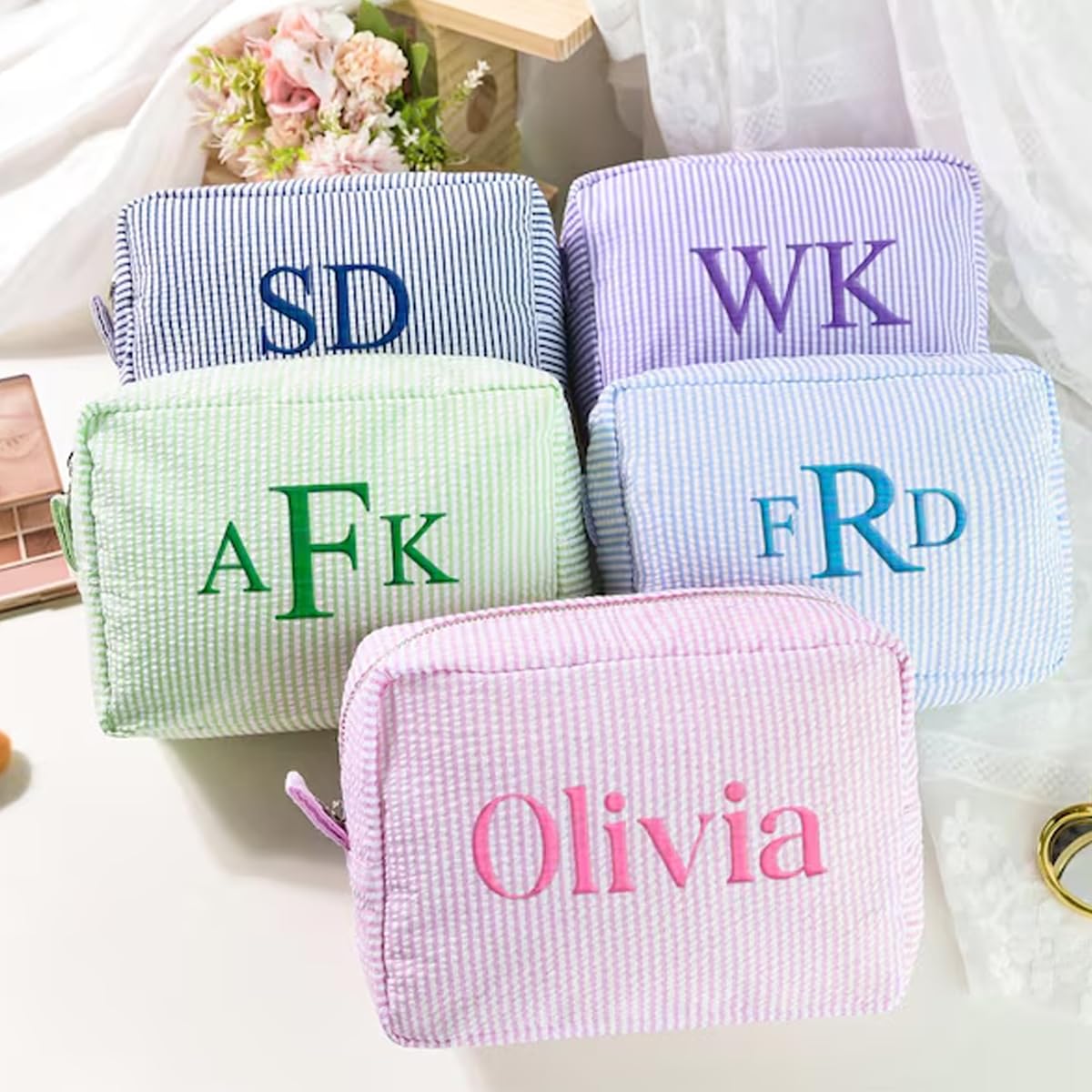 Personalized Cosmetic Bag with Name, Cute Custom Makeup Bags for Women Girls Seersucker Bridesmaid Travel Bag, Organizer Storage Pouch, Cute Pattern, Available to Match Travel Bags - thewildfolk Personalized Cosmetic Bag with Name, Cute Custom Makeup Bags for Women Girls Seersucker Bridesmaid Travel Bag, Organizer Storage Pouch, Cute Pattern, Available to Match Travel Bags