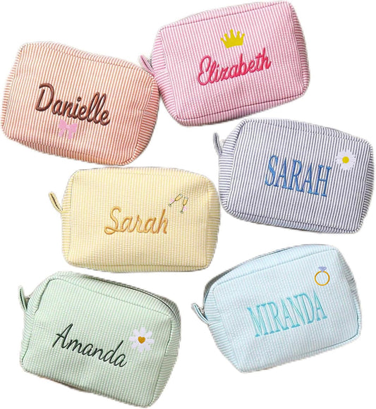 Personalized Cosmetic Bag with Name, Cute Custom Makeup Bags for Women Girls Seersucker Bridesmaid Travel Bag, Organizer Storage Pouch, Cute Pattern, Available to Match Travel Bags - thewildfolk Personalized Cosmetic Bag with Name, Cute Custom Makeup Bags for Women Girls Seersucker Bridesmaid Travel Bag, Organizer Storage Pouch, Cute Pattern, Available to Match Travel Bags