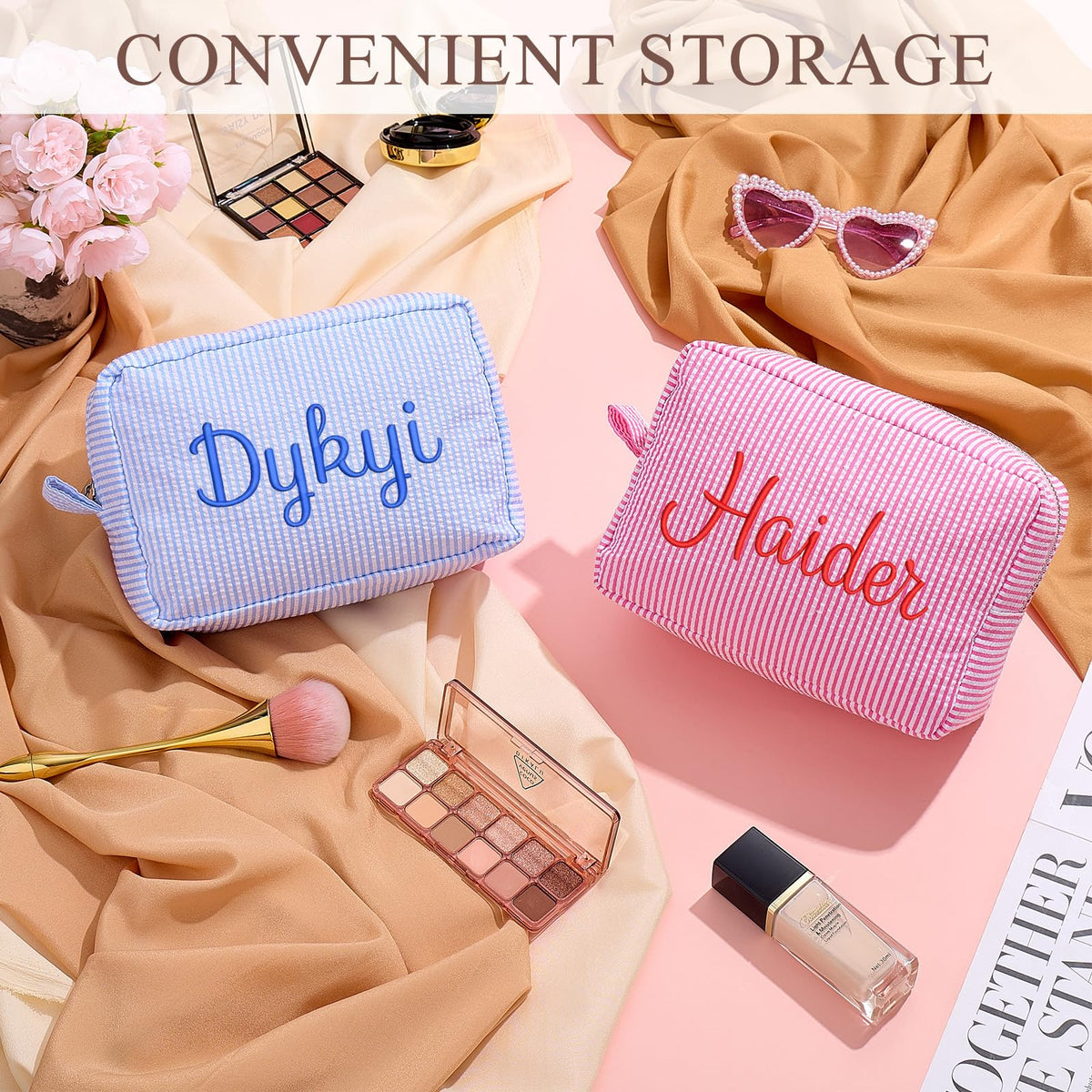 Personalized Cosmetic Bag with Name, Cute Custom Makeup Bags for Women Girls Seersucker Bridesmaid Travel Bag, Organizer Storage Pouch, Cute Pattern, Available to Match Travel Bags - thewildfolk Personalized Cosmetic Bag with Name, Cute Custom Makeup Bags for Women Girls Seersucker Bridesmaid Travel Bag, Organizer Storage Pouch, Cute Pattern, Available to Match Travel Bags