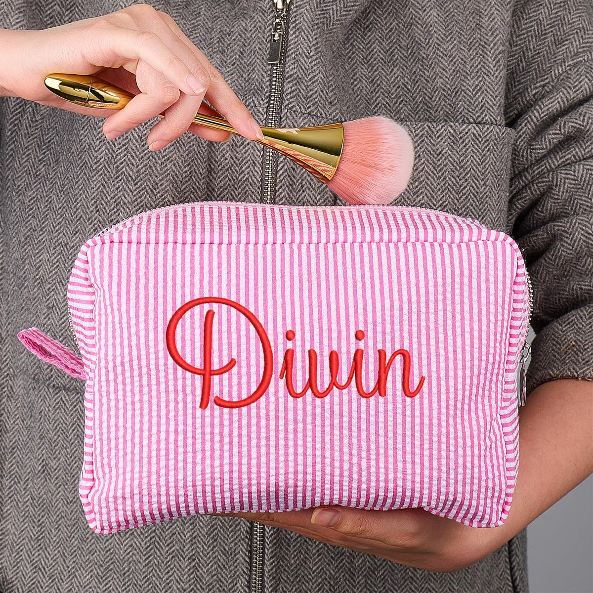 Personalized Cosmetic Bag with Name, Cute Custom Makeup Bags for Women Girls Seersucker Bridesmaid Travel Bag, Organizer Storage Pouch, Cute Pattern, Available to Match Travel Bags - thewildfolk Personalized Cosmetic Bag with Name, Cute Custom Makeup Bags for Women Girls Seersucker Bridesmaid Travel Bag, Organizer Storage Pouch, Cute Pattern, Available to Match Travel Bags