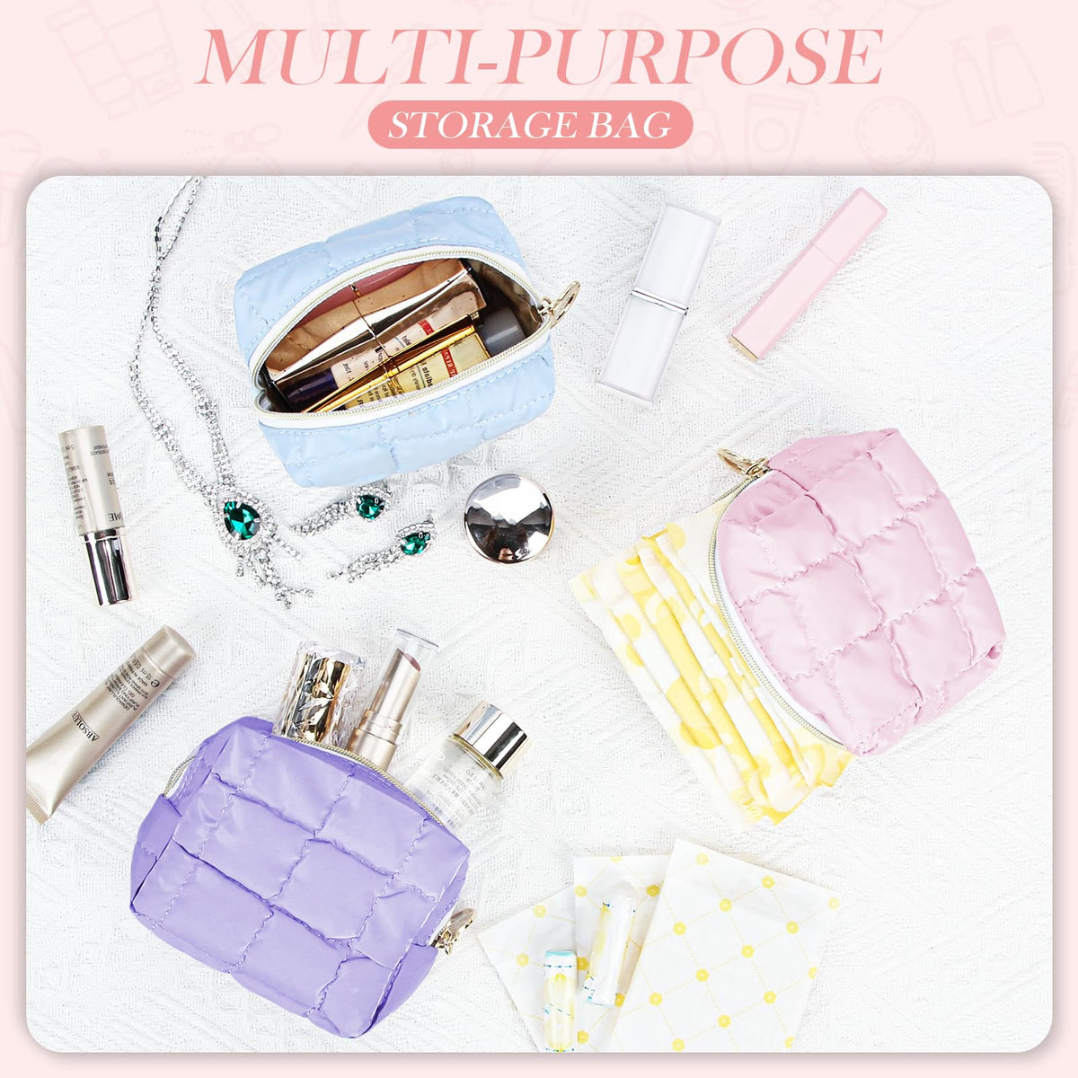 Playexen Puffy Mini Makeup Bag, Cute Quilted Small Cosmetic Bag for Purse, Portable Travel Makeup Pouch for Lipsticks, Chapsticks, Earphone, Credit Card, Birthday/Wedding/Christmas Gifts (Pink) - thewildfolk Playexen Puffy Mini Makeup Bag, Cute Quilted Small Cosmetic Bag for Purse, Portable Travel Makeup Pouch for Lipsticks, Chapsticks, Earphone, Credit Card, Birthday/Wedding/Christmas Gifts (Pink)