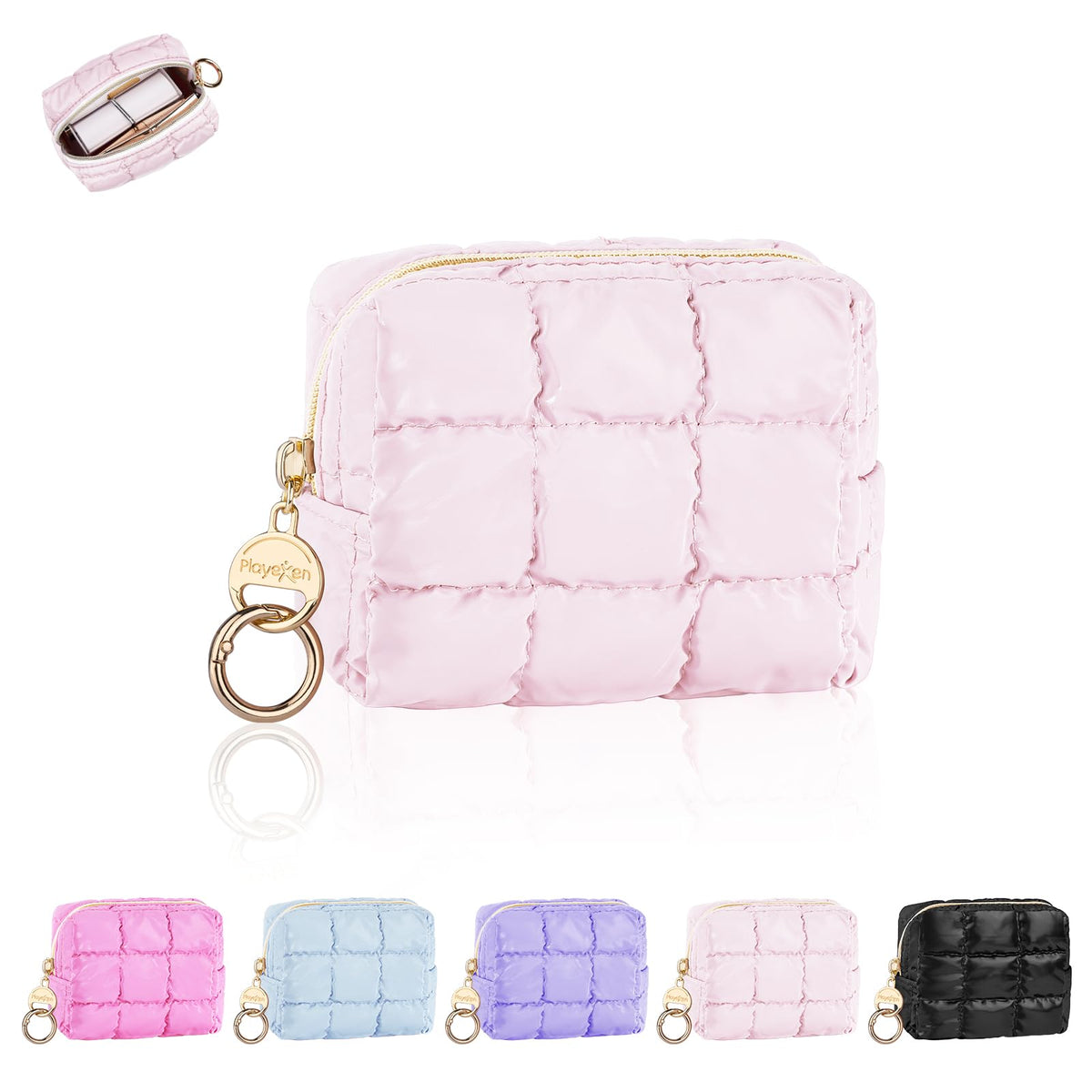 Playexen Puffy Mini Makeup Bag, Cute Quilted Small Cosmetic Bag for Purse, Portable Travel Makeup Pouch for Lipsticks, Chapsticks, Earphone, Credit Card, Birthday/Wedding/Christmas Gifts (Pink) - thewildfolk Playexen Puffy Mini Makeup Bag, Cute Quilted Small Cosmetic Bag for Purse, Portable Travel Makeup Pouch for Lipsticks, Chapsticks, Earphone, Credit Card, Birthday/Wedding/Christmas Gifts (Pink)